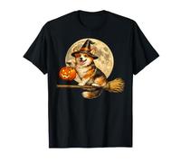 Corgi Sombrero de Bruja Jack O Lantern Calabaza Luna Llena Escoba Camiseta
