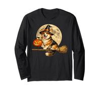 Corgi Sombrero de Bruja Jack O Lantern Calabaza Luna Llena Escoba Manga Larga
