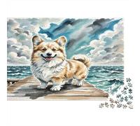Corgidoodle Rompecabezas DIY de Papel Premium Corgi en Muelle de Madera con Olas del Océano, Relleno de Calcetín Divertido para Niños +12 52x38cm/1000 Piezas