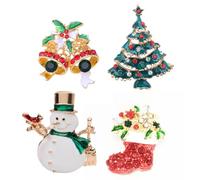 CORHAD Conjunto de 4 Broches Navideños para Mujer y Niñas Diseño de Árbol Navideño, Muñeco Invernal y Campana, Aleación Delicada para Uso Diario y Fiestas