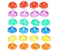 CORHAD Juego de 24 Dados Acrílicos Poliédricos de 10 Caras del 0 al 9, Transparentes Multicolor (Rojo, Amarillo, Azul, Verde, Naranja, Morado), para Juegos de Mesa, Matemáticas