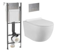 Coribi - Inodoro suspendido completo - Cerámica - Sin bridas - Blanco - Soft-close - Cisterna empotrada CHRONO - Pulsador gris CROMO - Tapa extra fina - Diseño elegante y moderno