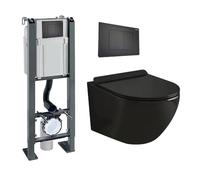 Coribi - Inodoro suspendido completo - Cerámica - Sin bridas - Negro brillo - Soft-close - Cisterna empotrada CHRONO - Pulsador negro CROMO - Tapa extra fina - Diseño elegante y moderno