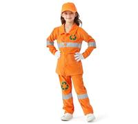 corimori Müllmann Disfraz infantil naranja con rayas reflectantes, símbolo de reciclaje, juego de ropa de trabajo con gorro y guantes (Müllmann/Müllfrau (naranja), 110/116