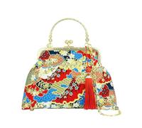 CORIOS Bolsa de Noche para Mujer Embrague con Flecos y Bordados Étnicos Bolso de Fiesta Pequeña Lujoso Bolsa de Cadena Clutch Elegante Bolso de Hombro en Algodón Motivo de Abanico Redondo Azul
