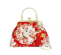 CORIOS Bolsa de Noche para Mujer Embrague con Flecos y Bordados Étnicos Bolso de Fiesta Pequeña Lujoso Bolsa de Cadena Clutch Elegante Bolso de Hombro en Algodón Grulla Roja A