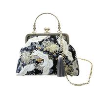 CORIOS Bolsa de Noche para Mujer Embrague con Flecos y Bordados Étnicos Bolso de Fiesta Pequeña Lujoso Bolsa de Cadena Clutch Elegante Bolso de Hombro en Algodón Grulla Negra