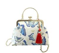 CORIOS Bolsa de Noche para Mujer Embrague con Flecos y Bordados Étnicos Bolso de Fiesta Pequeña Lujoso Bolsa de Cadena Clutch Elegante Bolso de Hombro en Algodón Mariposa Blanca