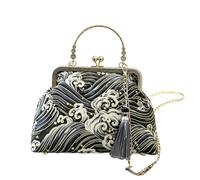 CORIOS Bolsa de Noche para Mujer Embrague con Flecos y Bordados Étnicos Bolso de Fiesta Pequeña Lujoso Bolsa de Cadena Clutch Elegante Bolso de Hombro en Algodón Olas Negras