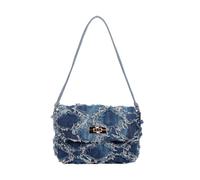 CORIOS Bolso Cubo de Jean Mujer Bolsos Vaqueros Pequeña Bolso de Mano de Tejano de Mezclilla Bolso de Hombro Bandolera con Acolchado y Flecos Retro Tote con Cierre de Cordón Azul A