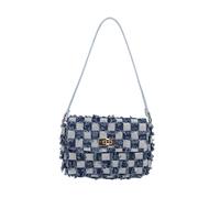 CORIOS Bolso Cubo de Jean Mujer Bolsos Vaqueros Pequeña Bolso de Mano de Tejano de Mezclilla Bolso de Hombro Bandolera con Acolchado y Flecos Retro Tote con Cierre de Cordón Azul Oscuro a Cuadros A