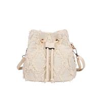 CORIOS Bolso Cubo de Jean Mujer Bolsos Vaqueros Pequeña Bolso de Mano de Tejano de Mezclilla Bolso de Hombro Bandolera con Acolchado y Flecos Retro Tote con Cierre de Cordón Blanco