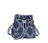 CORIOS Bolso Cubo de Jean Mujer Bolsos Vaqueros Pequeña Bolso de Mano de Tejano de Mezclilla Bolso de Hombro Bandolera con Acolchado y Flecos Retro Tote con Cierre de Cordón Azul