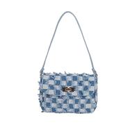 CORIOS Bolso Cubo de Jean Mujer Bolsos Vaqueros Pequeña Bolso de Mano de Tejano de Mezclilla Bolso de Hombro Bandolera con Acolchado y Flecos Retro Tote con Cierre de Cordón Azul a Cuadros A