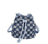 CORIOS Bolso Cubo de Jean Mujer Bolsos Vaqueros Pequeña Bolso de Mano de Tejano de Mezclilla Bolso de Hombro Bandolera con Acolchado y Flecos Retro Tote con Cierre de Cordón Azul a Cuadros