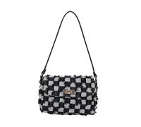 CORIOS Bolso Cubo de Jean Mujer Bolsos Vaqueros Pequeña Bolso de Mano de Tejano de Mezclilla Bolso de Hombro Bandolera con Acolchado y Flecos Retro Tote con Cierre de Cordón Negro a Cuadros A