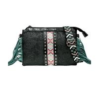 CORIOS Bolso de Bandolera con Flecos para Mujer Estilo Boho Bolso de Hombro Bolso de Mano con Estampado Floral Étnico Bolso Playa Retro Tote con Borlas Cuero PU Bolso Cruzado Negro