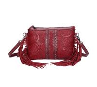 CORIOS Bolso de Bandolera con Flecos para Mujer Estilo Boho Bolso de Hombro Bolso de Mano con Estampado Floral Étnico Bolso Playa Retro Tote con Borlas Cuero PU Bolso Cruzado Rojo Vino