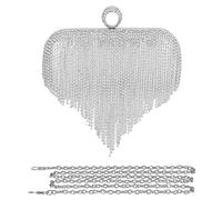 CORIOS Bolso de Fiesta para Mujer Bolso de Cristal Borla Embrague Bolso de Mano de Noche Diamantes de Imitación Clutch Bolso de Hombro Bolsos Bandolera para Fiesta de Graduación Banquete Boda Plata