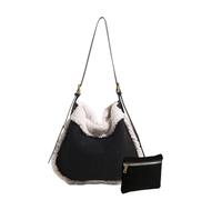 CORIOS Bolso de Mano de Lana de Cordero para Mujer Bolso de Hombro de Ante Bolso Tote de Peluche Bolsa de Ocio Gran Bolsa Shopper Retro Bolso Bandolera 2pcs para Compras Trabajo Viajes Negro