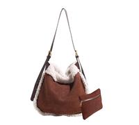 CORIOS Bolso de Mano de Lana de Cordero para Mujer Bolso de Hombro de Ante Bolso Tote de Peluche Bolsa de Ocio Gran Bolsa Shopper Retro Bolso Bandolera 2pcs para Compras Trabajo Viajes Café