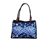 CORIOS Bolso de Mano en Lona Mujer Bolso de Hombro con Bordados Florales Étnicos Bohemio Bolsa para Las Axilas Capacità Media Bolsa Shopper Vintage Trabajo Viajes Compras Tote Porcelana Azul y Blanca