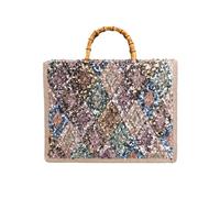 CORIOS Bolso de Mano Estilo Boho Mujer Bolso de Hombro de Paja PP y Lino Bolso Playa con Bordados de Lentejuelas Étnico Bolso Tote para Vacaciones Citas Viajes Motivo de Rombos en Azul y Amarillo