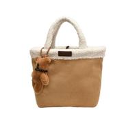 CORIOS Bolso de Mano para Mujer Bolso Tote en Ante y de Lana de Cordero Bolso de Muñeca Bolso Cubo con Lindo Colgante de Oso Gran Capacidad Bolsa Shopper para Compras Trabajo Viajes Caqui