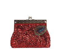 CORIOS Bolso de Noche Mujer de Pavo Real Clutch con Lentejuelas Bolso de Fiesta Pequeña con Cuentas Vintage Bolso de Mano Hombro Bandolera con Cadena Desmontable para Boda Banquete Cóctel Rojo