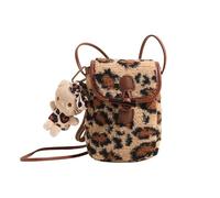 CORIOS Bolso para Móvil Estampado de Leopardo Mujeres Bolso de Mano Tote de Tela de Peluche Suave Bolso de Hombro con Monigote Adorable Retro Bolso de Bandolera Cruzado para Viajes Trabajo Marrón