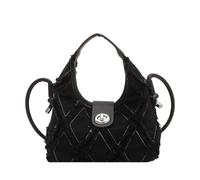 CORIOS Bolsos Vaqueros para Mujer Bolso de Mano de Tejano de Mezclilla Jean Moda Bolso de Hombro Bandolera con Diseño Acolchado y Flecos Elegante Tote para Compras Citas Viajes Trabajo Negro