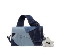 CORIOS Elegante Bolso de Mano de Jean para Mujer Bolsos Vaqueros Bolso de Hombro con Lindo Colgante de Peluche Bolso Bandolera con Solapa Patchwork Pequeño Tote de Tejano de Mezclilla Azul