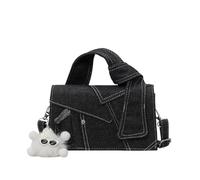 CORIOS Elegante Bolso de Mano de Jean para Mujer Bolsos Vaqueros Bolso de Hombro con Lindo Colgante de Peluche Bolso Bandolera con Solapa Patchwork Pequeño Tote de Tejano de Mezclilla Negro