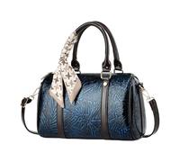 CORIOS Elegante Bolso de Mano para Mujer Bolso Boston con Decoración de Paño PU Cuero Bolsos de Hombro Bordados Bolso Bandolera Vintage Tote Compras Citas Viajes Trabajo Bolso Cruzados Azul