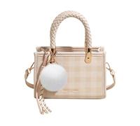 CORIOS Elegante Bolso de Mano para Mujer PU Cuero Bolso de Hombro con Patrón a Cuadros Bolso de Bandolera Cruzado con Colgante de Bola de Pelo Blanco Trabajo Compras Viajes Tote Beige