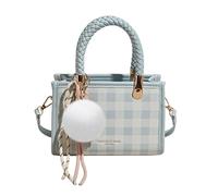 CORIOS Elegante Bolso de Mano para Mujer PU Cuero Bolso de Hombro con Patrón a Cuadros Bolso de Bandolera Cruzado con Colgante de Bola de Pelo Blanco Trabajo Compras Viajes Tote Azul