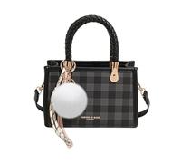 CORIOS Elegante Bolso de Mano para Mujer PU Cuero Bolso de Hombro con Patrón a Cuadros Bolso de Bandolera Cruzado con Colgante de Bola de Pelo Blanco Trabajo Compras Viajes Tote Negro