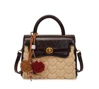 CORIOS Elegante Bolso Tote a Mano para Mujer Bolso Bandolera Crossbody con Tela Patchwork de Cuero PU y Felpa Suave Bolso de Hombro con Charm de Pompon Bonito Pequeña Capacidad Bolso Cruzado Café