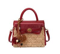 CORIOS Elegante Bolso Tote a Mano para Mujer Bolso Bandolera Crossbody con Tela Patchwork de Cuero PU y Felpa Suave Bolso de Hombro con Charm de Pompon Bonito Pequeña Capacidad Bolso Cruzado Rojo