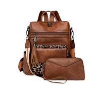 CORIOS Mochila de PU Cuero Mujer Bolso Mochilas con Flecos y Estampado de Leopardo Bolso de Mano de Hombro Morral Backpack 2 Piezas Retro Bolsas de Escuela Daypack Marrón con Estampado de Leopardo