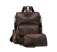 CORIOS Mochila de PU Cuero Mujer Bolso Mochilas con Flecos y Estampado de Leopardo Convertible Bolso de Mano de Hombro Morral Backpack Set de 2 Piezas Retro Bolsas de Escuela Daypack Dos Tonos Café