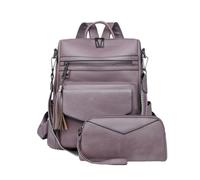 CORIOS Mochila de PU Cuero Mujer Bolso Mochilas con Flecos y Estampado de Leopardo Convertible Bolso de Mano de Hombro Morral Backpack Set de 2 Piezas Retro Mochilas Bolsas de Escuela Daypack Morado