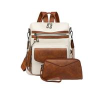 CORIOS Mochila de PU Cuero Mujer Bolso Mochilas con Flecos y Estampado de Leopardo Convertible Bolso de Mano de Hombro Morral Backpack Set de 2 Piezas Retro Bolsas de Escuela Daypack Blanco Marrón