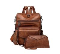 CORIOS Mochila de PU Cuero Mujer Bolso Mochilas con Flecos y Estampado de Leopardo Convertible Bolso de Mano de Hombro Morral Backpack Set de 2 Piezas Retro Bolsas de Escuela Daypack Dos Tonos Marrón