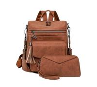 CORIOS Mochila de PU Cuero Mujer Bolso Mochilas con Flecos y Estampado de Leopardo Convertible Bolso de Mano de Hombro Morral Backpack Set de 2 Piezas Retro Mochilas Bolsas de Escuela Daypack Marrón