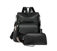 CORIOS Mochila de PU Cuero Mujer Bolso Mochilas con Flecos y Estampado de Leopardo Convertible Bolso de Mano de Hombro Morral Backpack Set de 2 Piezas Retro Mochilas Bolsas de Escuela Daypack Negro
