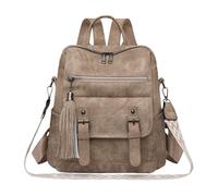 CORIOS Mochila de PU Cuero Mujer Morral Backpack con Flecos Bolso Mochilas de Múltiples Bolsillos Retro Mochilas Bolsas de Escuela Daypack Convertible Bolso de Mano de Hombro para Trabajo Viaje Caqui