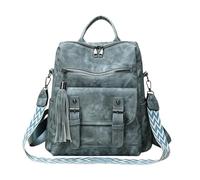 CORIOS Mochila de PU Cuero Mujer Morral Backpack con Flecos Bolso Mochilas de Múltiples Bolsillos Retro Mochilas Bolsas de Escuela Daypack Convertible Bolso de Mano de Hombro para Trabajo Viaje Azul