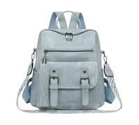 CORIOS Mochila de PU Cuero Mujer Morral Backpack con Flecos Bolso Mochilas de Múltiples Bolsillos Retro Mochilas Bolsas de Escuela Daypack Convertible Bolso de Mano de Hombro para Trabajo Azul Claro