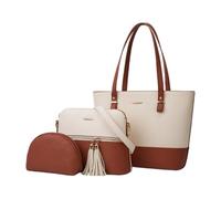 CORIOS PU Cuero Bolso de Mano Mujer Bolso de Hombro 3pcs Set Bolso Bandolera con Flecos Gran Capacidad Bolso Shopper Elegante Bolso Cruzado la Vida Diaria Trabajo Compras Viaje Tote Blanco y Marrón